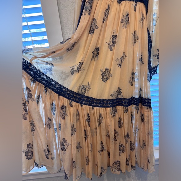 Gunne Sax Vintage Floral Maxi Dress with Navy Accents - Picture 3 of 16